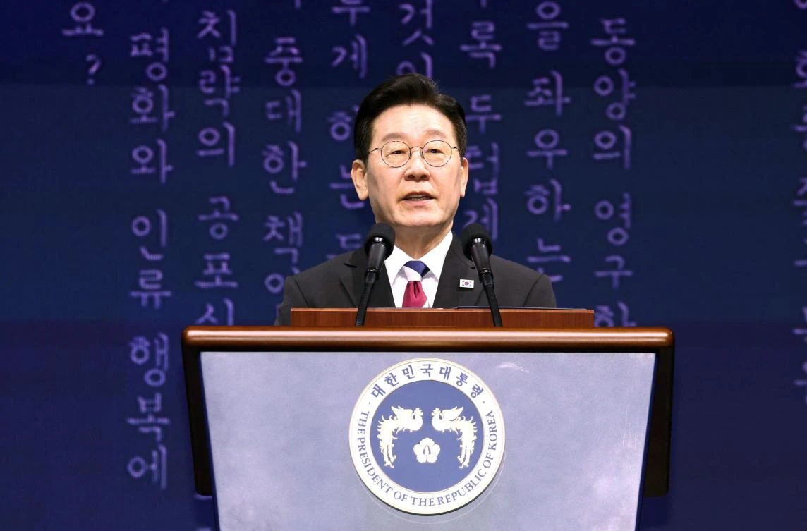 South Korean President Lee Jae Myung said “we will also continue our efforts to resume dialogue with the North.” (Yonhap/AFP)