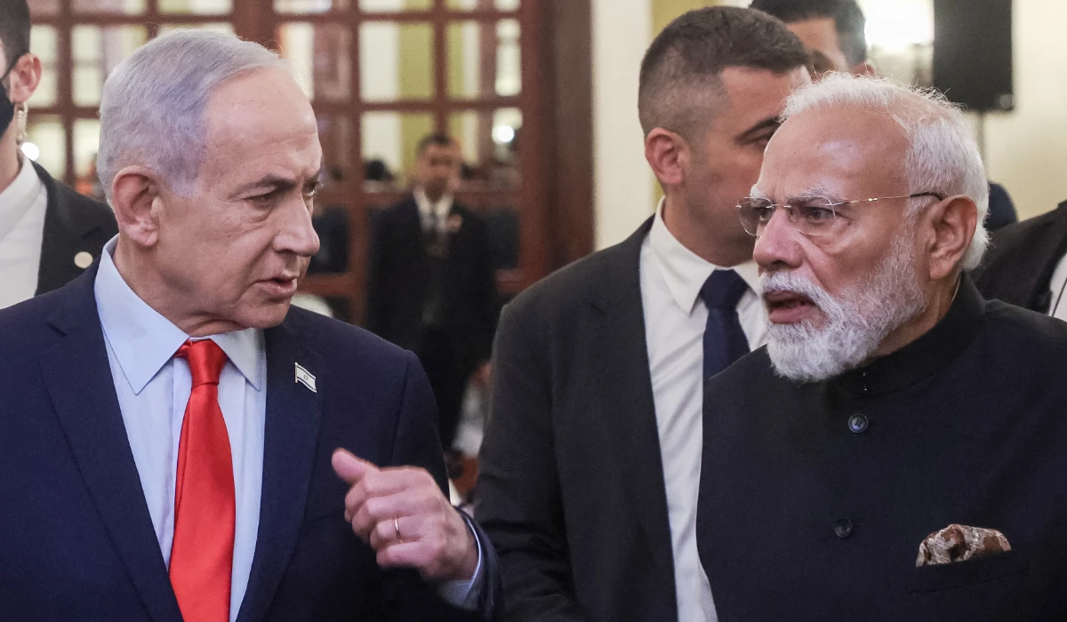 Israel's Prime Minister Benjamin Netanyahu (L) and his Indian counterpart Narendra Modi (R) arrive for a press conference in Jerusalem on February 26, 2026. (AFP)
