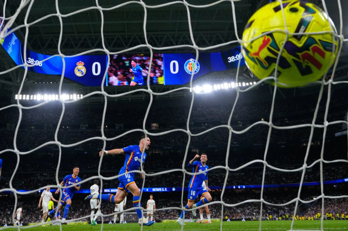 Getafe's Satriano celebrates the opening goal during a Spanish La Liga soccer match between Real Madrid and Getafe in Madrid, Spain, Monday, March 2, 2026. (AP)