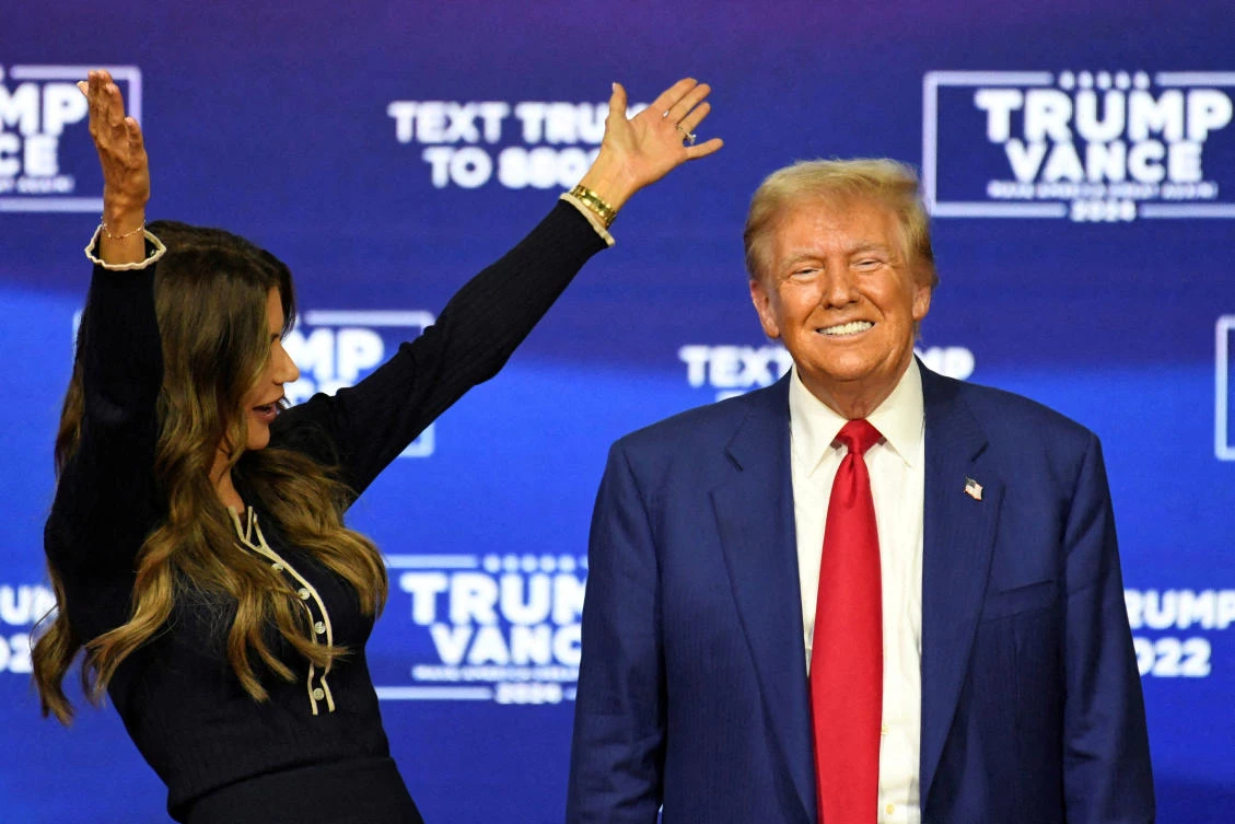 Republican presidential nominee former US President Donald Trump and South Dakota Governor Kristi Noem during a town hall campaign event in Oaks, Pennsylvania, US, Oct. 14, 2024. (Reuters)