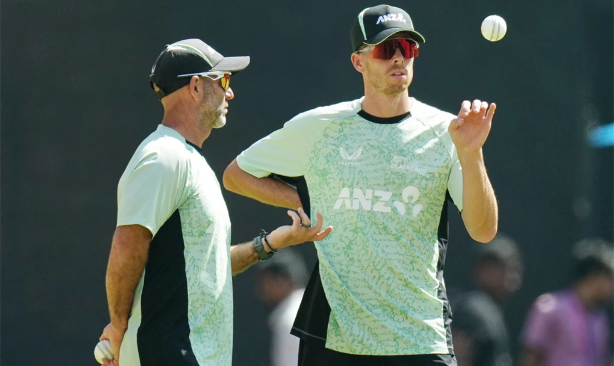 New Zealand’s captain Mitchell Santner, right, during a practice session. (AP)