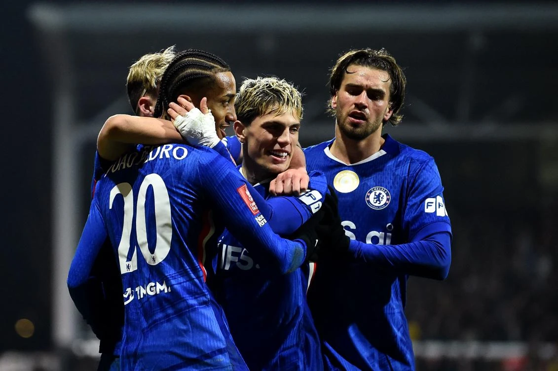 Chelsea’s Brazilian striker Joao Pedro celebrates scoring the team’s fourth goal during their English FA Cup fifth round match against Wrexham at the Racecourse Ground Stadium in Wrexham, north Wales, on Mar. 7, 2026. (AFP)