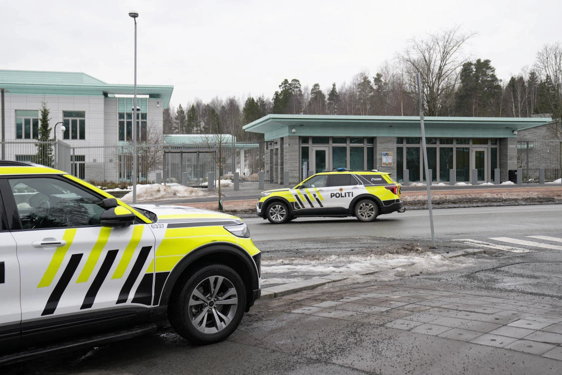 Police vehicles park outside the US Embassy, after a loud bang was reported at the site, in Oslo, Norway, March 8, 2026. (Reuters)