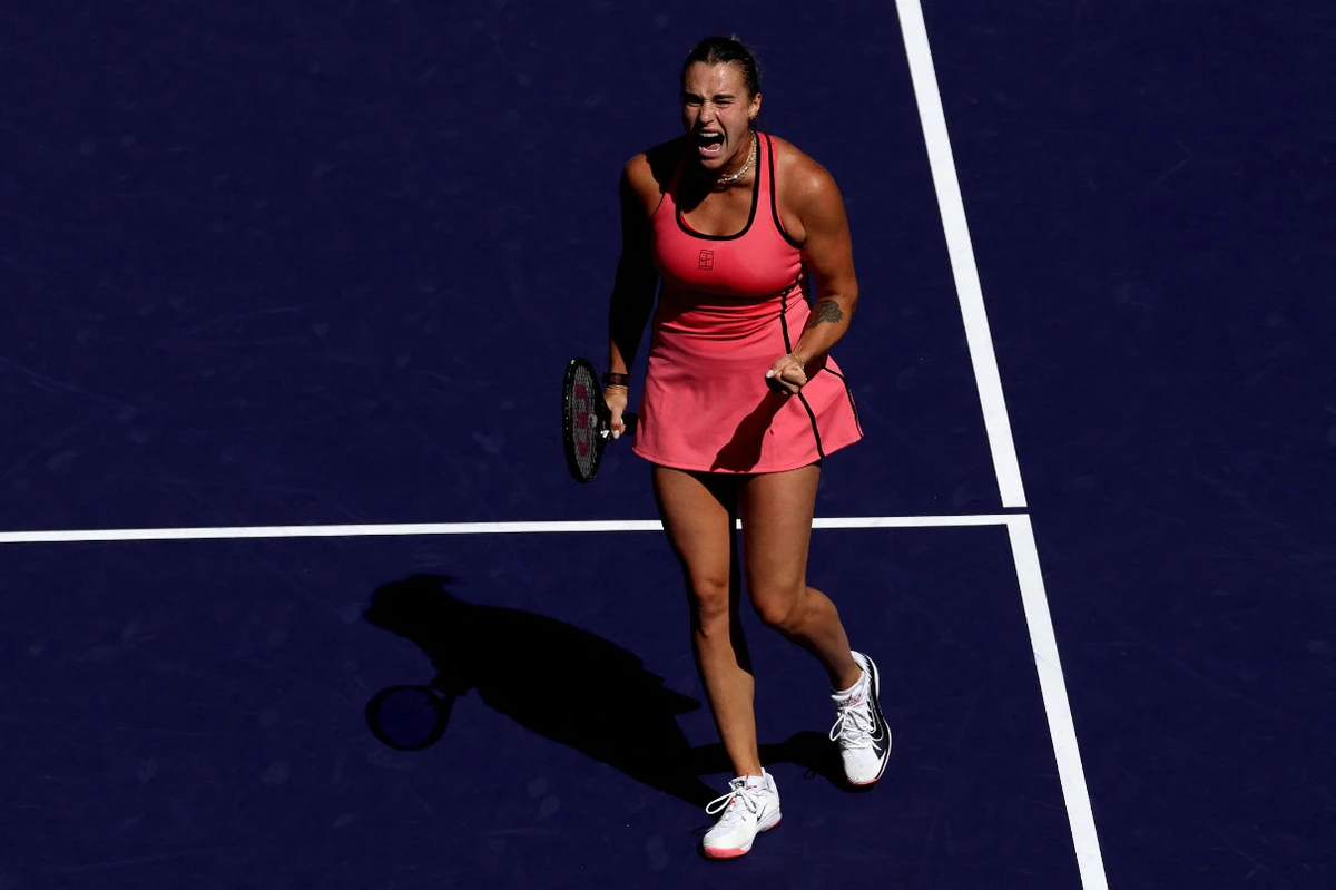 Aryna Sabalenka celebrates while playing Naomi Osaka of Japan during Day 7 of the BNP Paribas Open at the Indian Wells Tennis Garden on March 10, 2026 in Indian Wells, California. (AFP)
