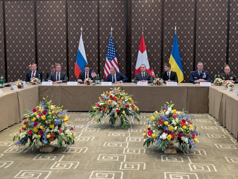 US delegation waiting for the start of a meeting on the first day of the third round of trilateral talks between delegates from Russia, Ukraine, and the US in Geneva. (File/AFP