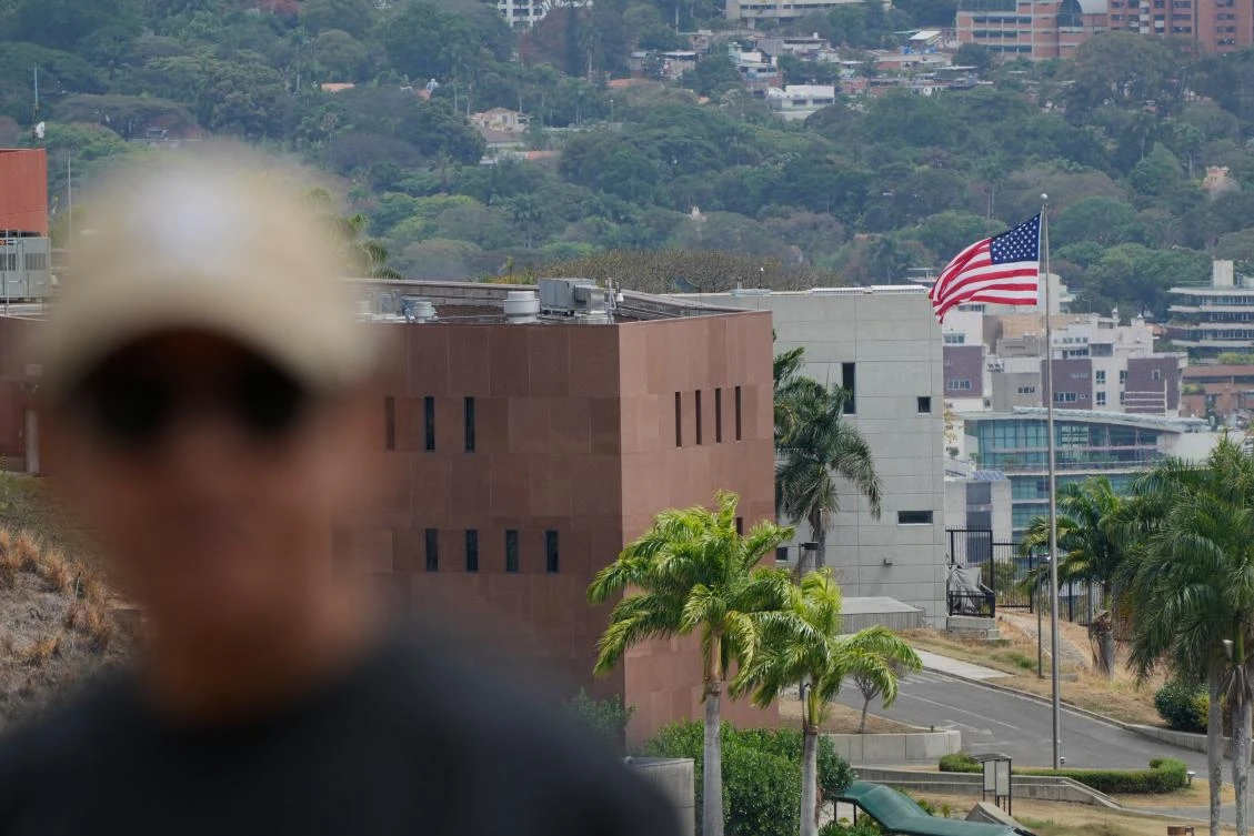 An American flag flies again at the US Embassy in Caracas, Venezuela, Saturday, March 14, 2026, seven years after it was lowered when Washington and Caracas cut diplomatic relations in 2019. (AP)