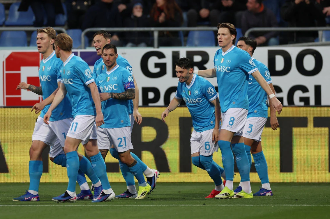 Napoli’s Scott McTominay celebrates scoring their first goal with teammates during their Serie A match against Cagliari — Unipol Domus, Cagliari, Italy — Mar. 20, 2026. (Reuters)