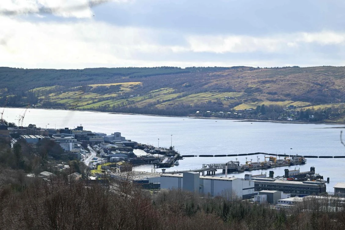 Above, a a general view of HM Naval Base Clyde at Faslane, northwest of Glasgow, Scotland on March 14, 2026. (AFP)