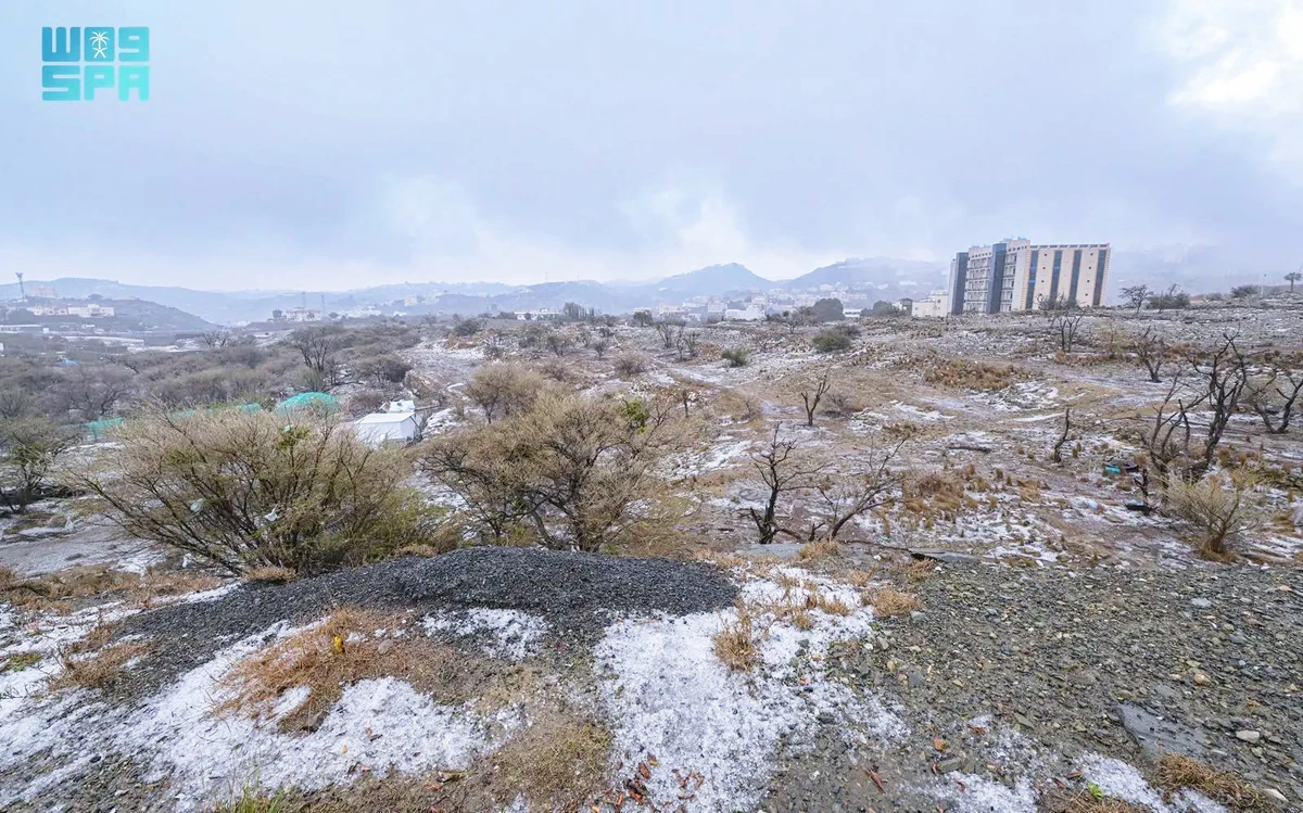 Hail covered streets and highlands in Al-Baha on Monday, briefly creating a winter-like landscape. (SPA photo)