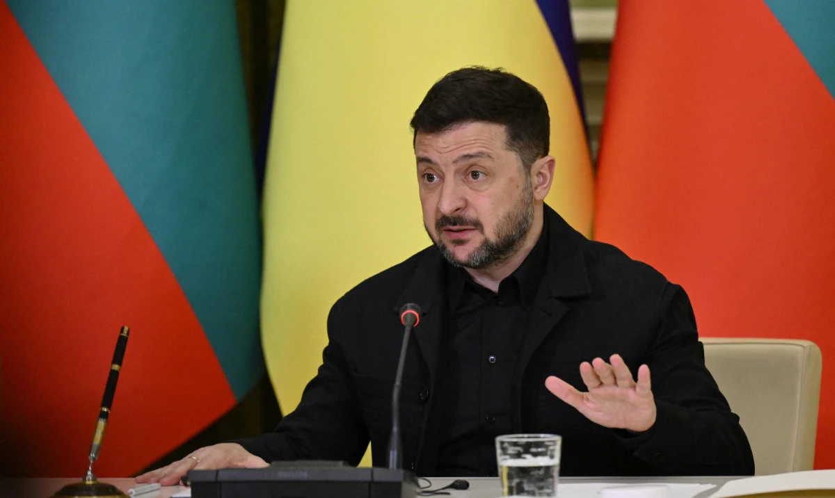 Ukrainian President Volodymyr Zelensky speaks during a joint press conference with Bulgarian Prime Minister following their meeting in Kyiv on March 30, 2026, amid the Russian invasion of Ukraine. (AFP)