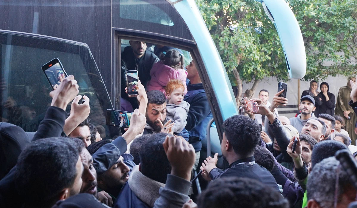 A group of toddlers return to Gaza more than two years after being evacuated as premature infants for medical treatment in Egypt, arriving at Nasser Hospital in Khan Younis, Gaza Strip, Monday, March 30, 2026. (AP)