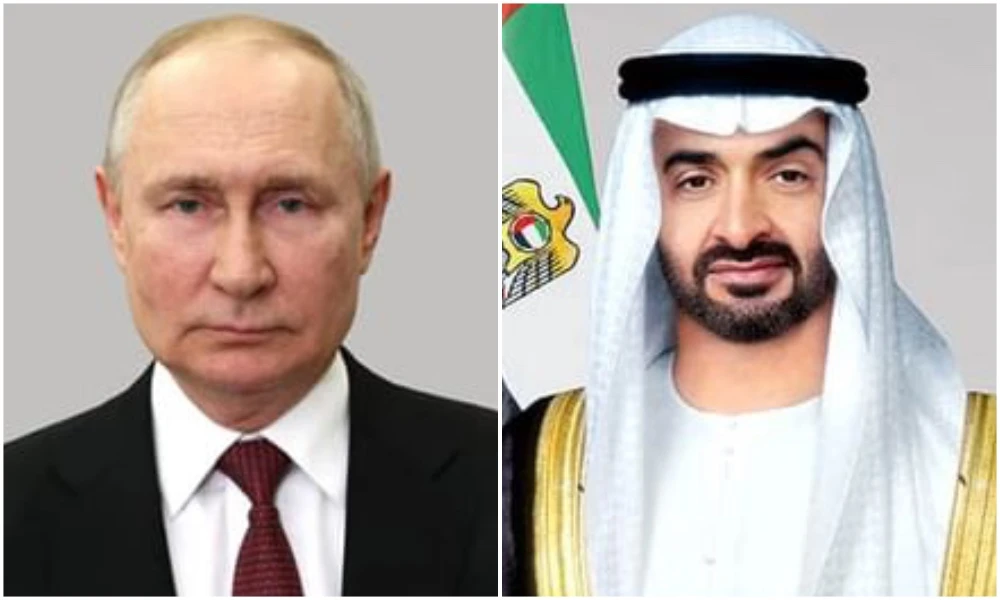 The president of the UAE, Sheikh Mohammed bin Zayed Al-Nahyan, and the Russian president, Vladimir Putin. (WAM)