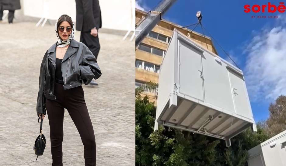 Nour Arida, pictured at a previous event in Paris on the left, took to social media to share a video of the installation of one of the shower-toilet units. File/ Getty Images and Instagram