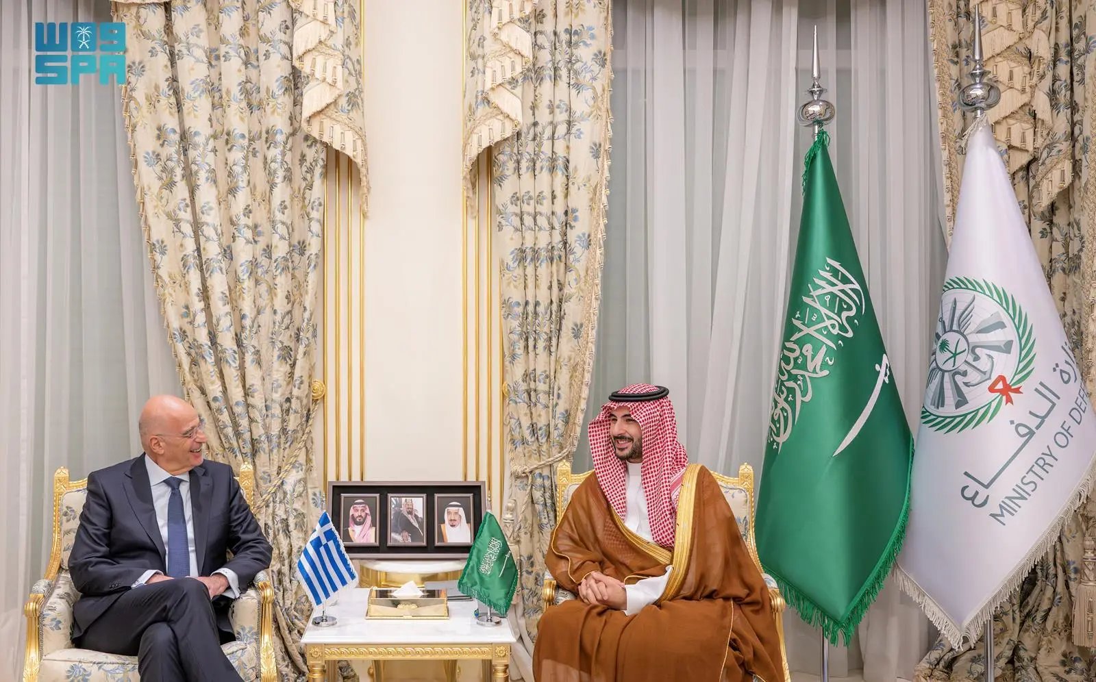 Saudi Defense Minister Prince Khalid bin Salman meets with his Greek counterpart Nikos Dendias on Wednesday. (SPA)