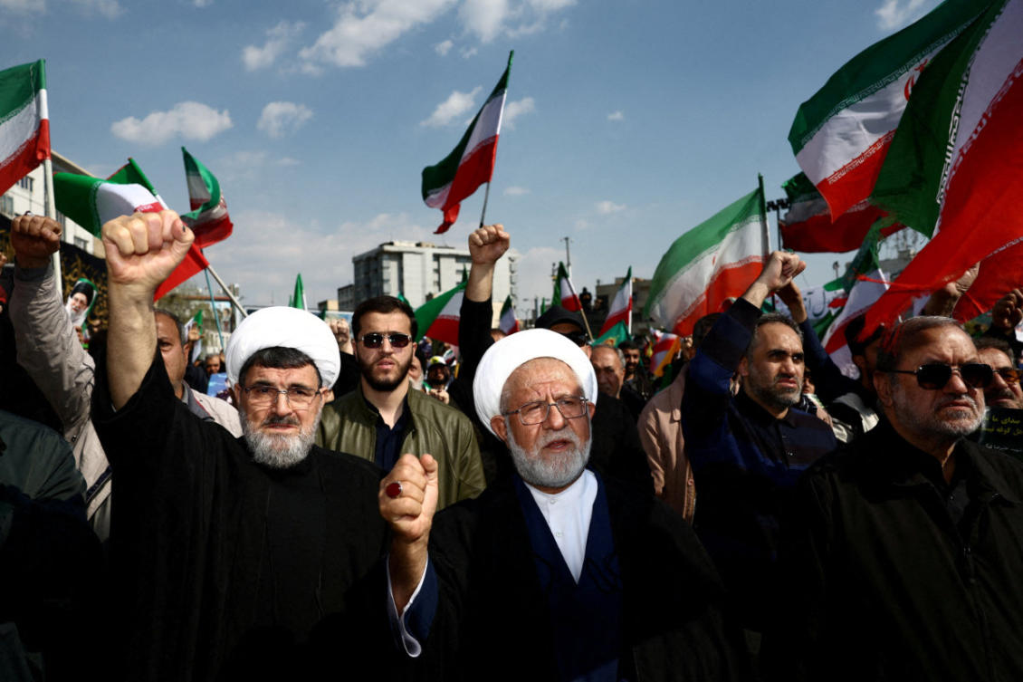 People attend a funeral ceremony for the Revolutionary Guards Navy Commander Alireza Tangsiri in Tehran on April 1, 2026. Tangsiri was killed in US-IOsraeli strikes. (Majid Asgaripour/WANA via REUTERS)