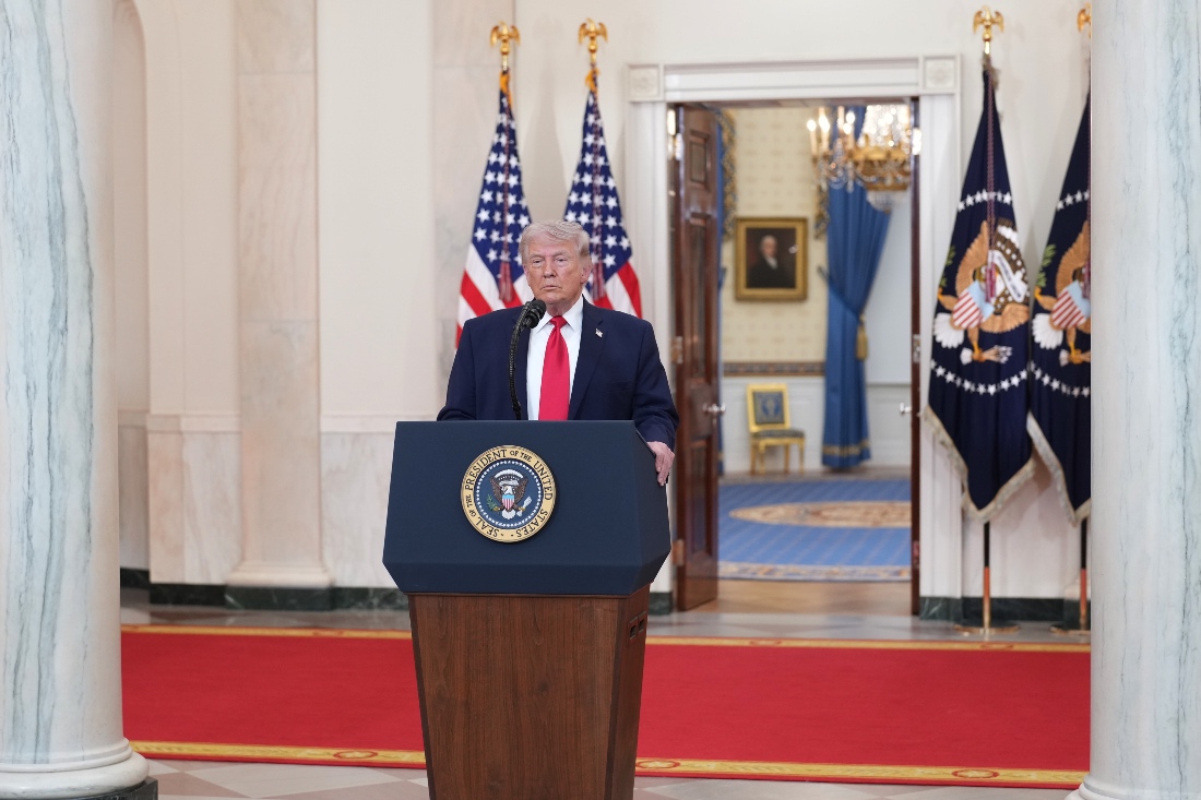 President Donald Trump speaks about the Iran war from the Cross Hall of the White House in Washington, DC. (Pool)