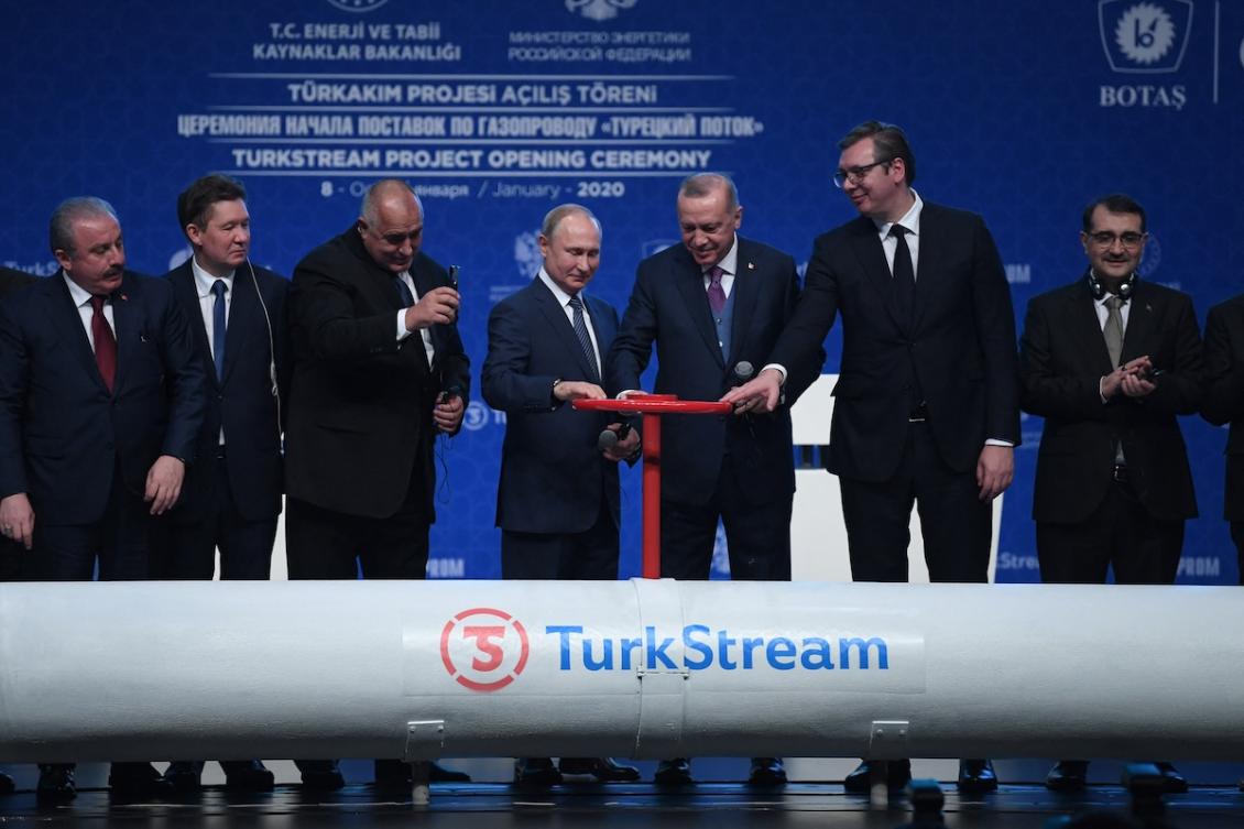 Russian President Vladimir Putin, Turkish President Recep Tayyip Erdogan, Prime Minister of Serbia Aleksandar Vucic and Turkish Energy and Natural Resources Minister Fatih Donmez attend an inauguration ceremony of a new gas pipeline "TurkStream" on January 8, 2020, in Istanbul. (FILE/AFP)