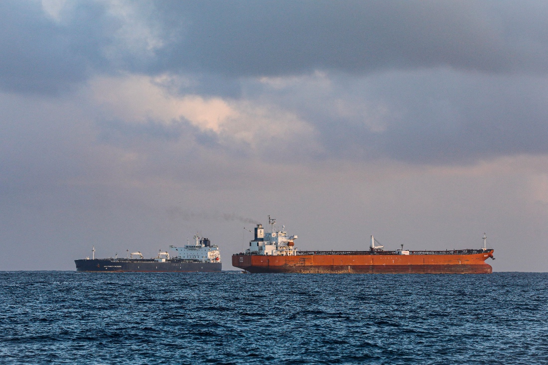 The Russian oil tanker Anatoly Kolodkin sails near the Cuban oil tanker Vilma as is stands in for the port of Matanzas, northwestern Cuba. (AFP)