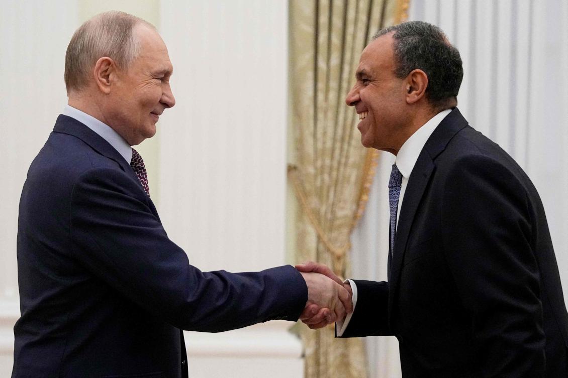 Russia’s President Vladimir Putin and Egypt’s Minister of Foreign Affairs Badr Abdelatty shake hands during their meeting at the Senate Palace of the Kremlin in Moscow on April 2, 2026. (AFP)