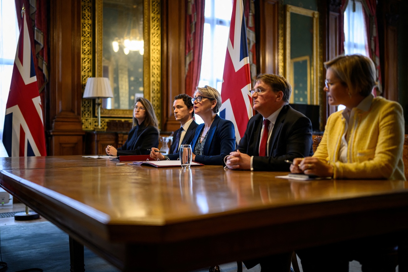 British Foreign Secretary Yvette Cooper speaks during a virtual summit at the Foreign & Commonwealth Office in London, England, April 2, 2026. (Reuters)