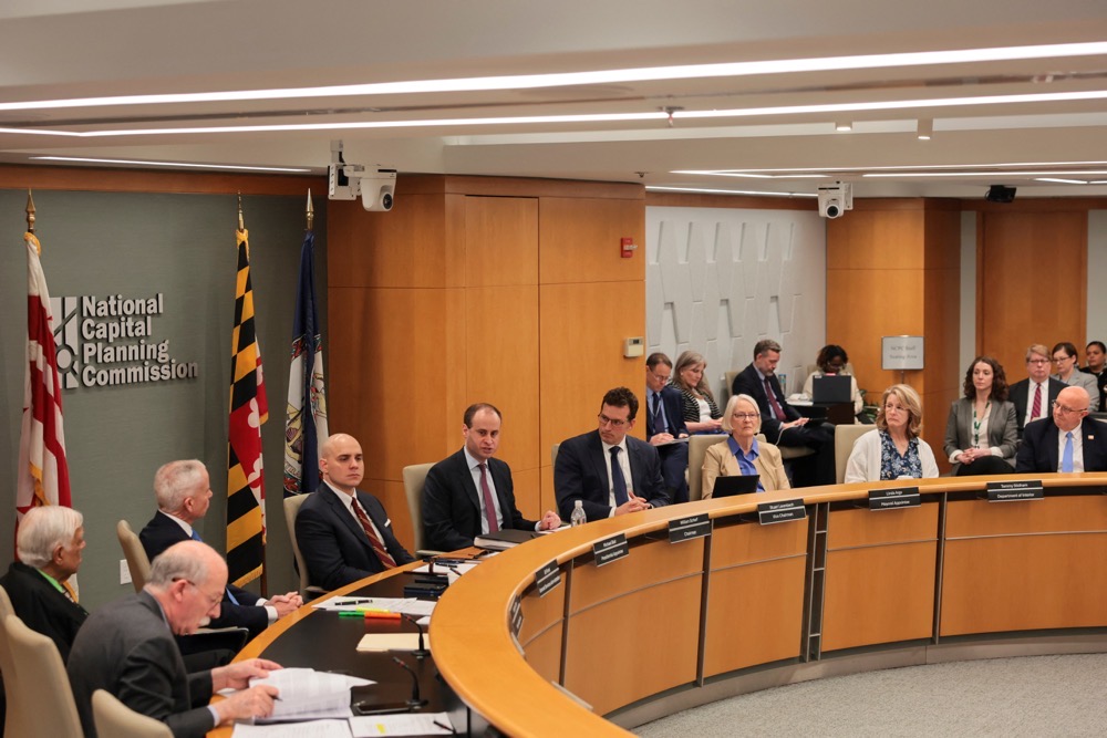 NCPC Chairman William Scharf and commission member Michael Blair attend a National Capital Planning Commission meeting to deliberate and vote on whether to approve the plans for the Trump White House East Wing ballroom project in Washington. (Reuters)