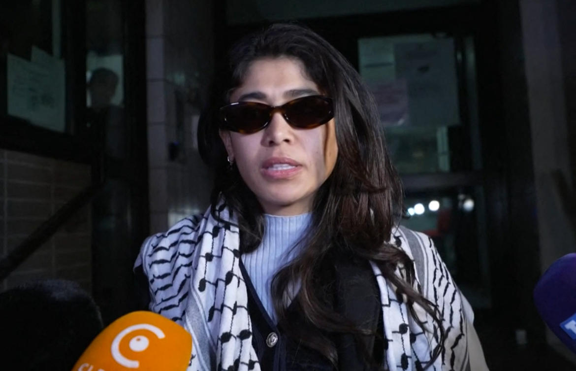 French-Palestinian member of the European Parliament Rima Hassan speaks with reporters after being released from police custody in Paris, France, on April 2, 2026. (AFP)