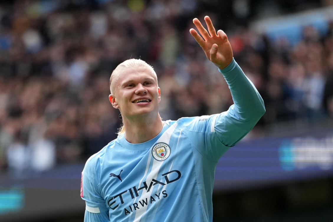 Manchester City’s Erling Haaland celebrates after scoring his third goal during the FA Cup quarter-final soccer match between Manchester City and Liverpool in Manchester, England, Saturday, April 4, 2026. (AP)