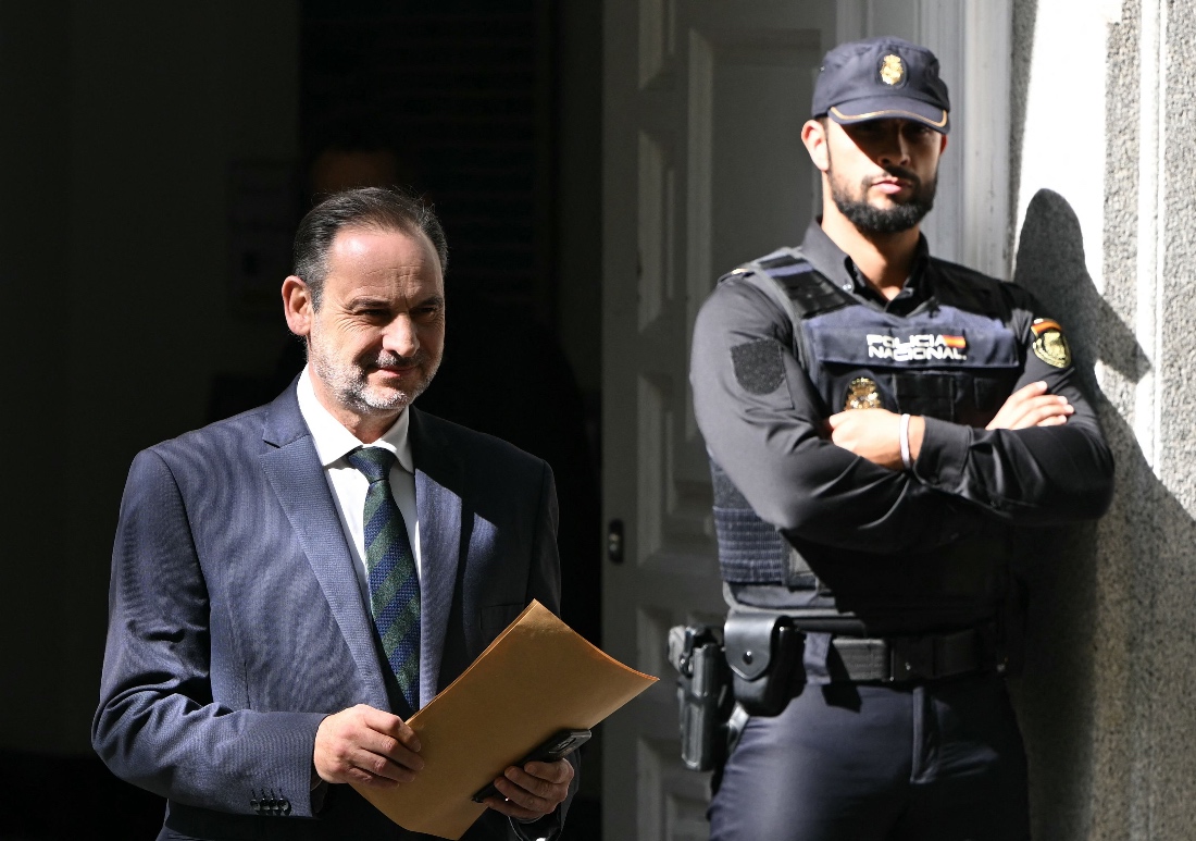 Former Spanish Minister of Transport Jose Luis Abalos leaves the Supreme Court following his appearance for alleged corruption in Madrid, Spain. (AFP)