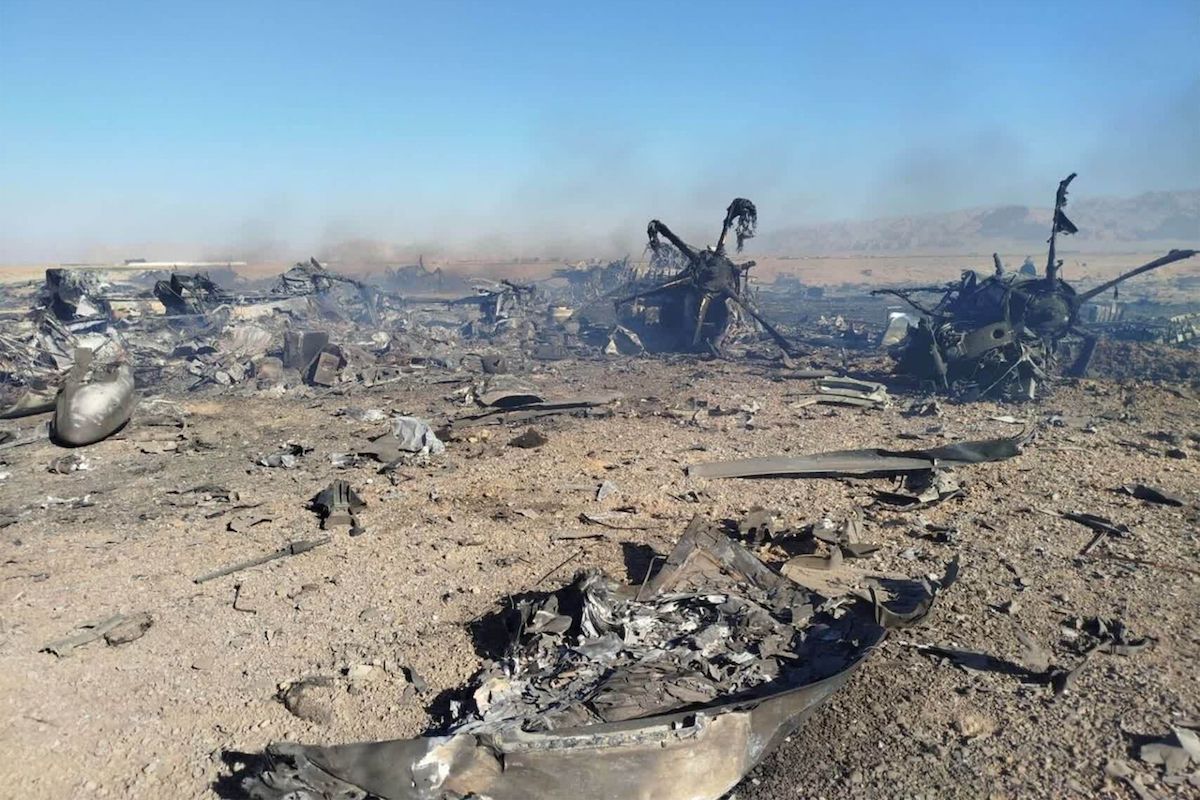 An image provided by Iran's Revolutionary Guard Corps (IRGC) claims to show the wreckage and remains of targeted and crashed US aircraft in central Iran. (AFP/ IRGC via Sepah News)