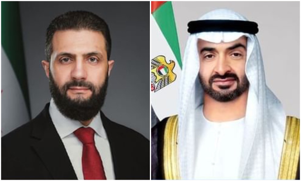 Syrian President Ahmad Al-Sharaa and UAE President Mohamed bin Zayed Al-Nahyan discussed ways to enhance Arab cooperation. (SANA)