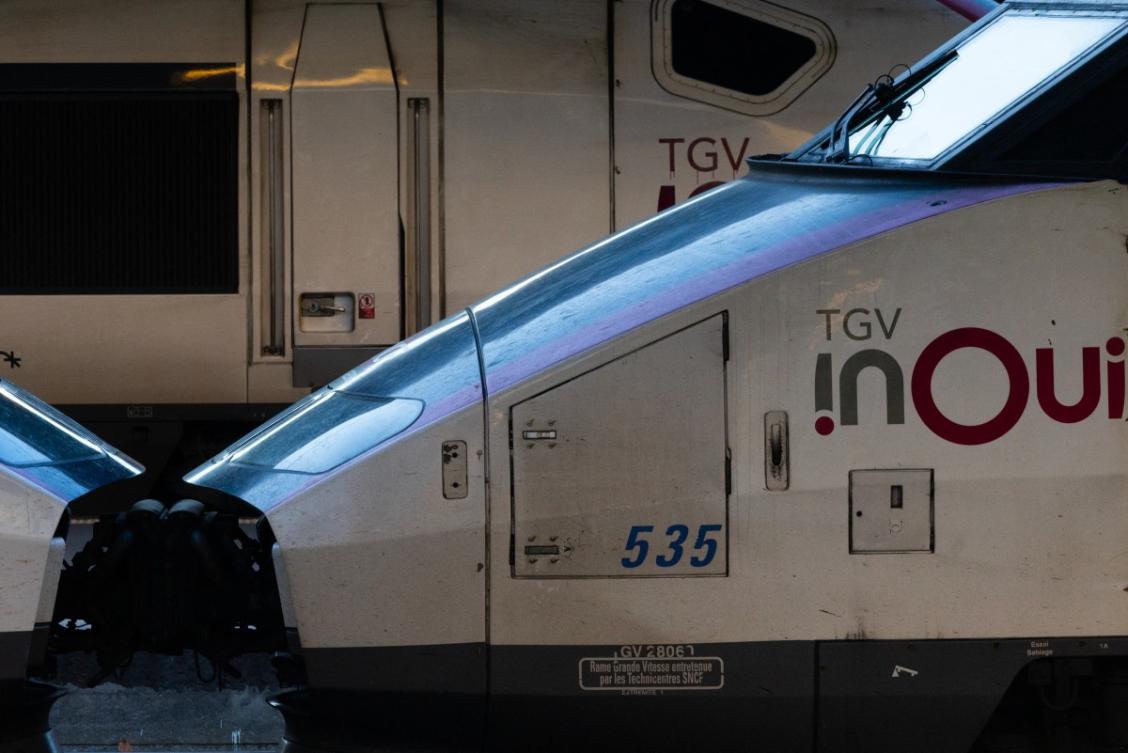 This photograph shows TGV Inoui train locomotives parked at Gare de l'Est railway station in Paris on March 14, 2026. (Photo by JOEL SAGET / AFP)