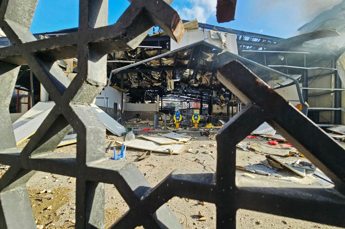 This photograph shows the damage at the site of an Israeli airstrike that targeted Sayyid Al-Shuhada complex in the Haret Hreik neighborhood of Beirut’s southern suburbs, on Apr. 5, 2026. (AFP)