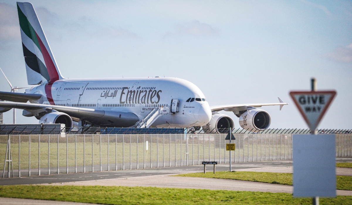 An Emirates A380 aircraft is seen parked at Cornwall Airport Newquay in the town of Newquay, southwest England on April 6, 2026. (AFP)