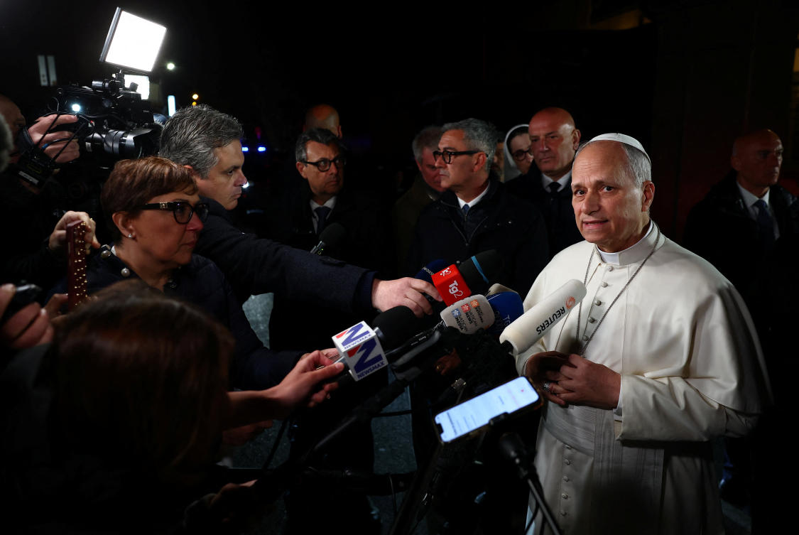 Pope Leo XIV speaks to the media on the US–Israeli conflict with Iran, as he leaves the papal residence to head back to the Vatican, in Castel Gandolfo, Italy, Apr. 7, 2026. (Reuters)