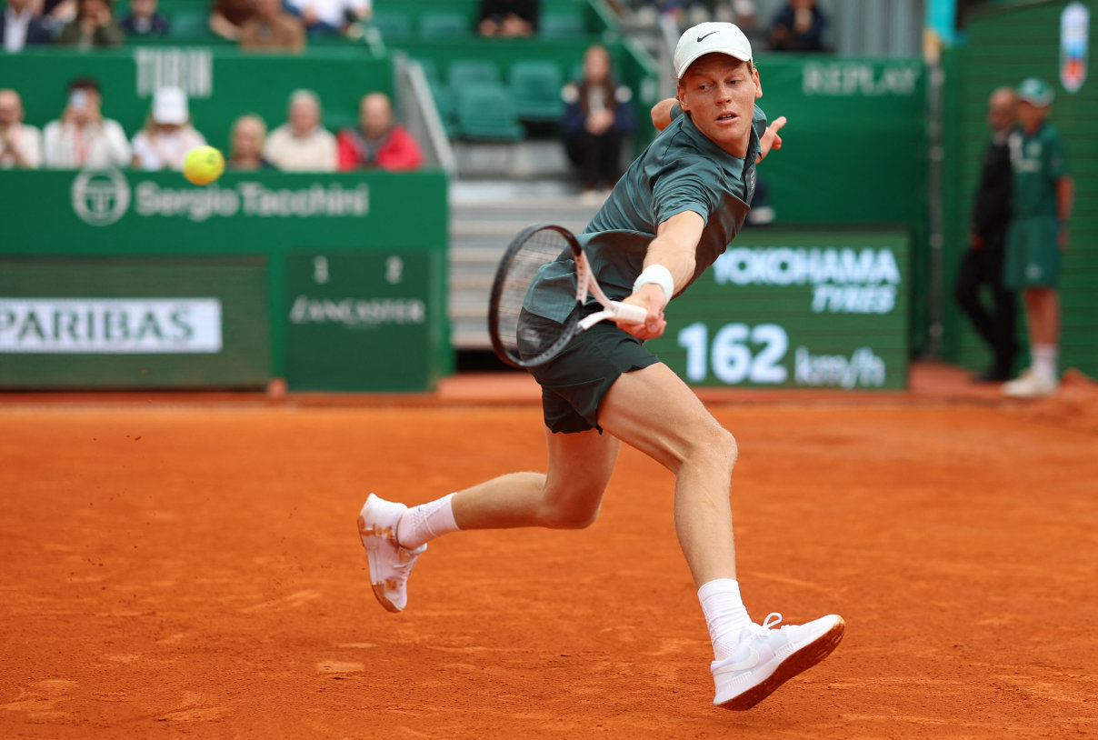 Italy’s Jannik Sinner plays a backhand return to France’s Ugo Humbert during the Monte Carlo ATP Masters Series Tournament round of 64 tennis match on Court Rainier III at the Monte-Carlo Country Club on Tuesday. (AFP)
