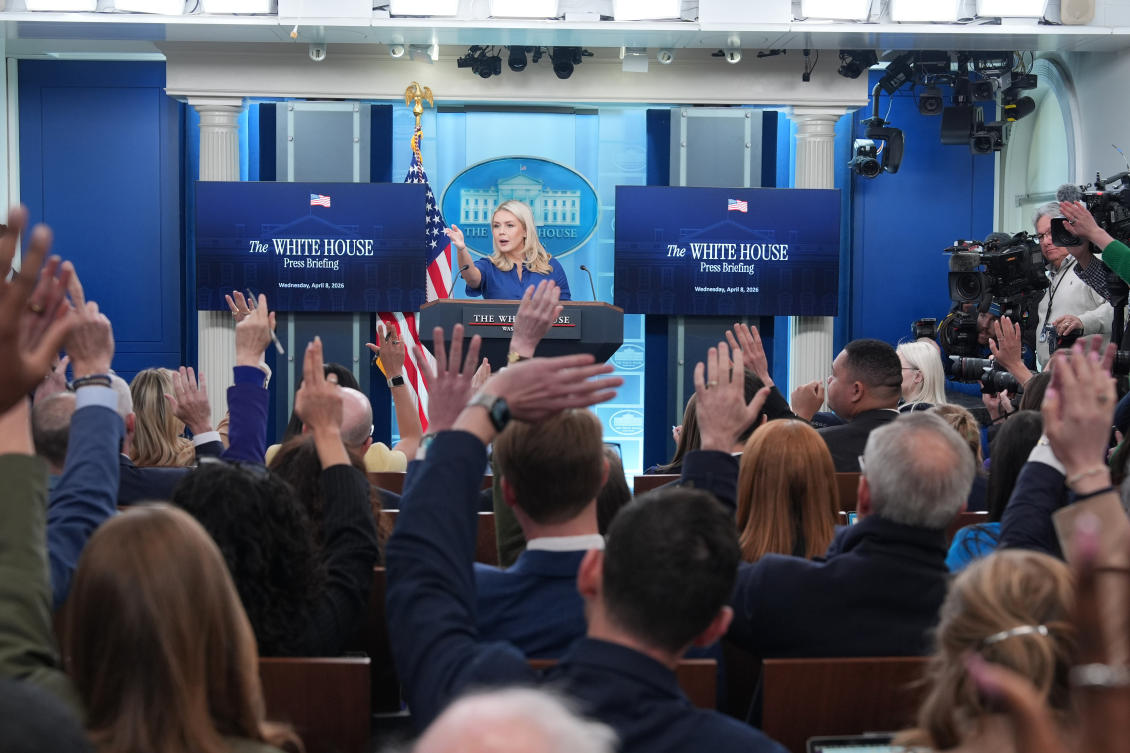 White House press secretary Karoline Leavitt speaks with reporters in the James Brady Press Briefing Room at the White House, Wednesday, Apr. 8, 2026, in Washington. (AP Photo)