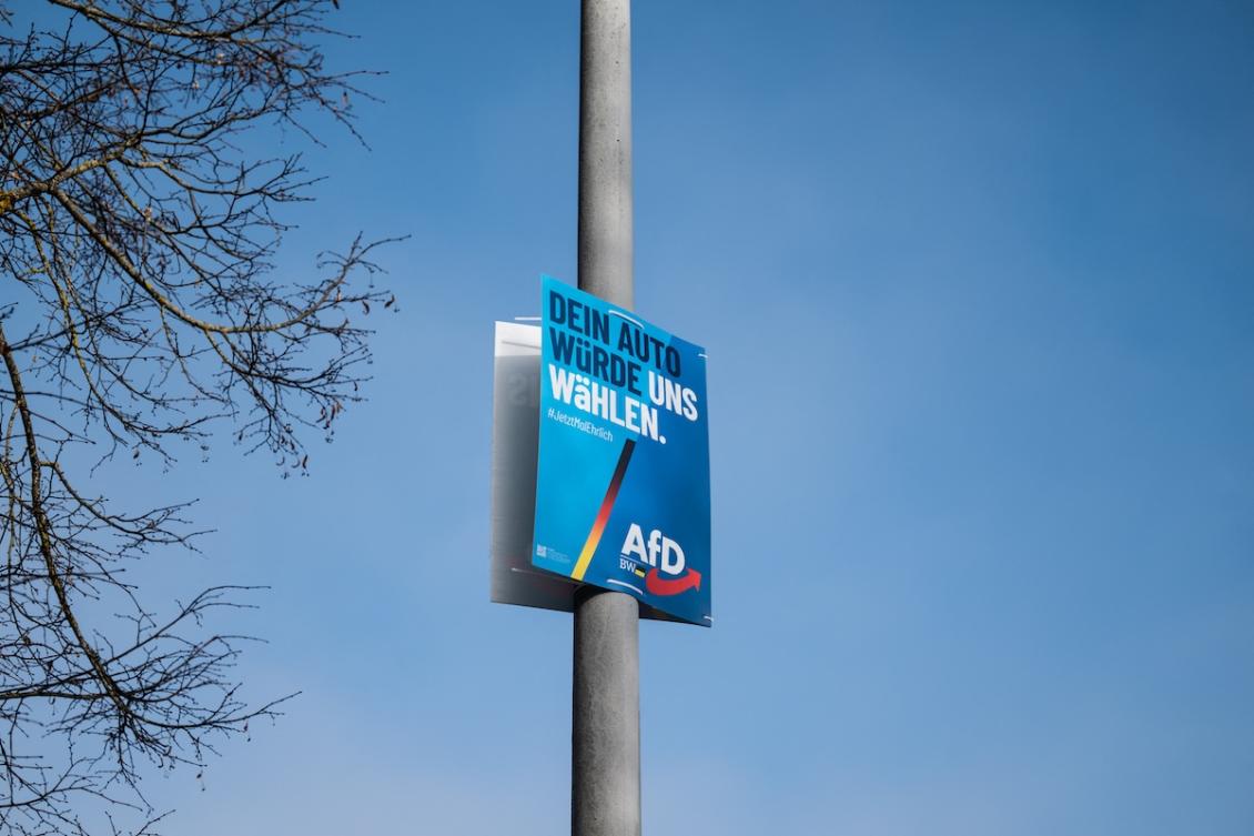 An election poster of the far-right Alternative for Germany (AfD) party for the upcoming state election in Baden-Wuerttemberg reading. (FILE/AFP)