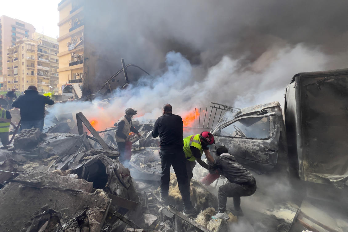 Rescuers gather at the site of an Israeli airstrike in Beirut, Lebanon, Wednesday, April 8, 2026. (AP)