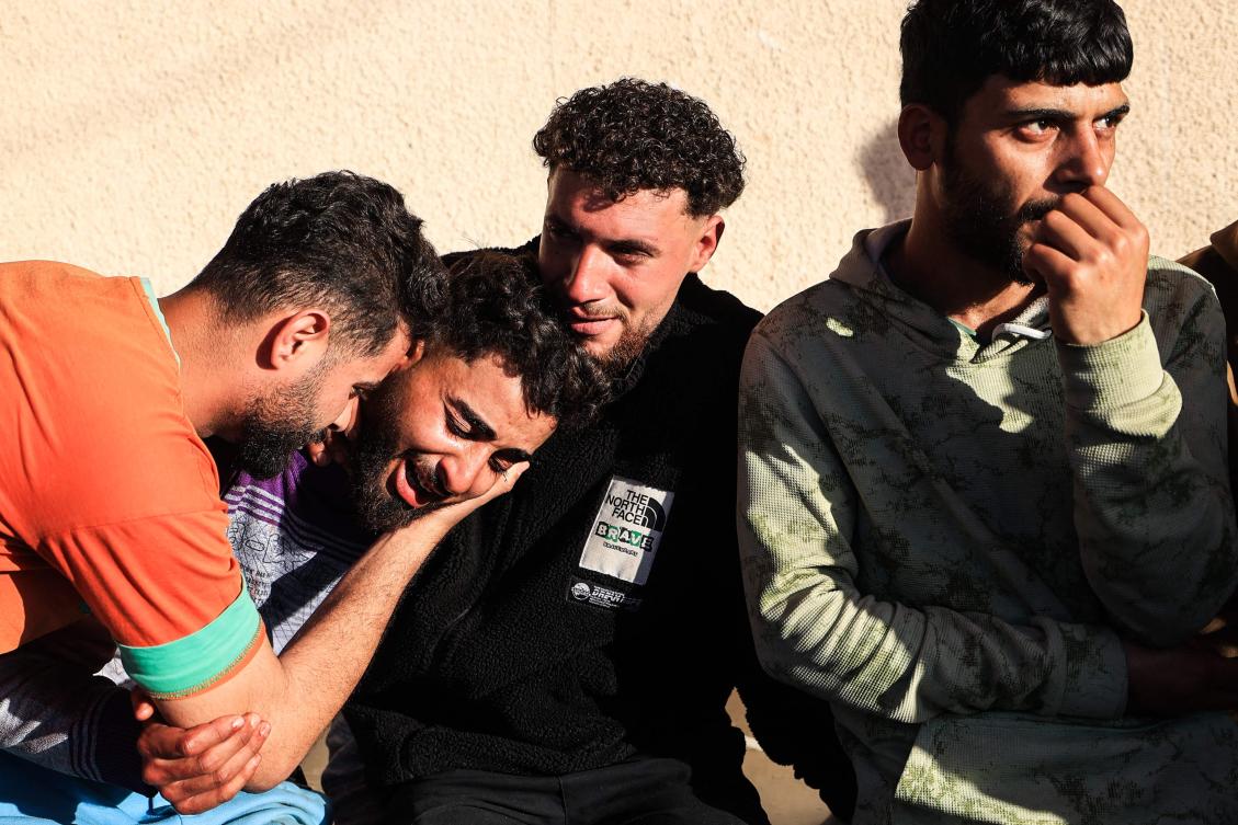 A family member reacts outside the Al-Aqsa Martyrs Hospital in Deir al-Balah, where victims have been brought following an Israeli strike on the Al-Maghazi refugee camp in the central Gaza Strip on April 6, 2026. (File/AFP)