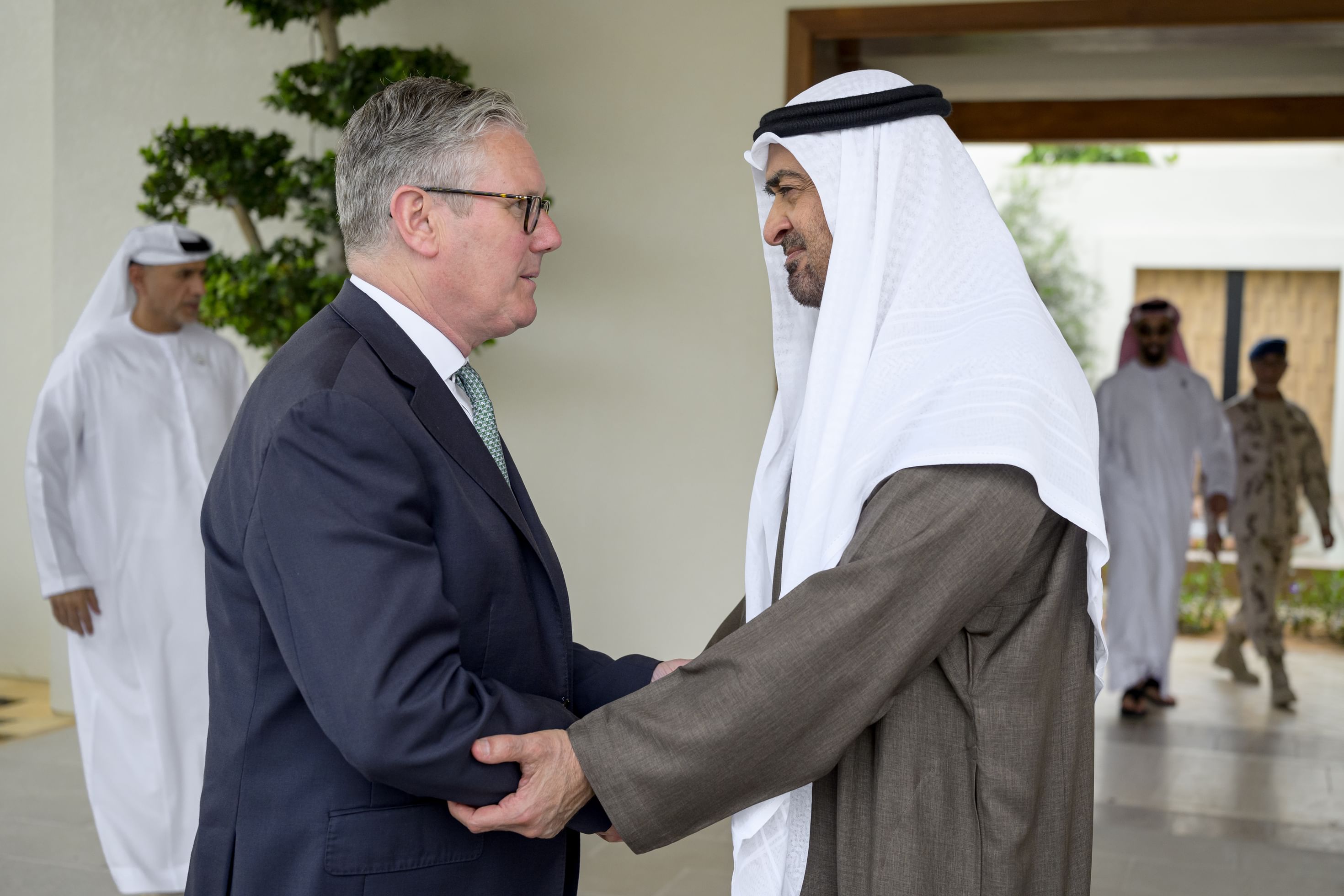British Prime Minister Keir Starmer arrived in Abu Dhabi on Thursday for talks with UAE President Mohamed bin Zayed Al-Nahyan. (WAM)
