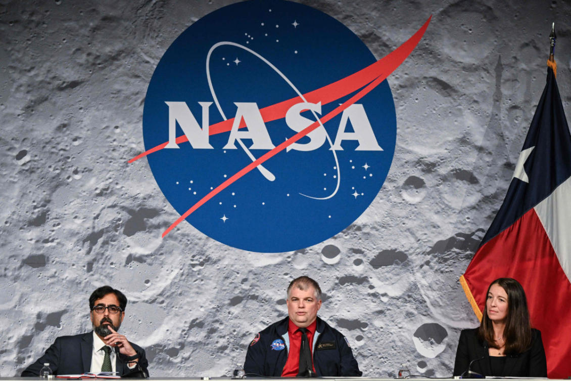 NASA’s Artemis II flight director Jeff Radigan (C), speaks next to Artemis II Vehicle Manager Branelle Rodriguez (R) and NASA’s associate administrator Amit Kshatriya (L), during a status briefing of the Artemis II crewed lunar mission, on April 9, 2026, at the Johnson Space Center in Houston, Texas. (AFP)
