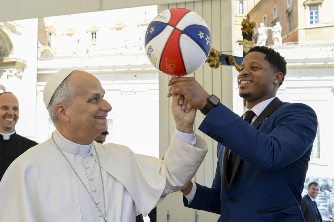 Pope Leo XIV meeting with members of the Harlem Globetrotters at the end of the weekly audience in The Vatican. (FILE/AFP)
