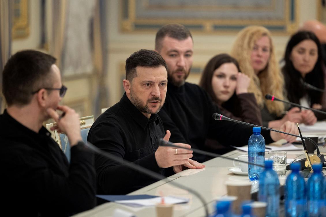 Ukraine’s President Volodymyr Zelensky meets with journalists in Kyiv on April 8, 2026. (Ukrainian Presidential Press Service/AFP)