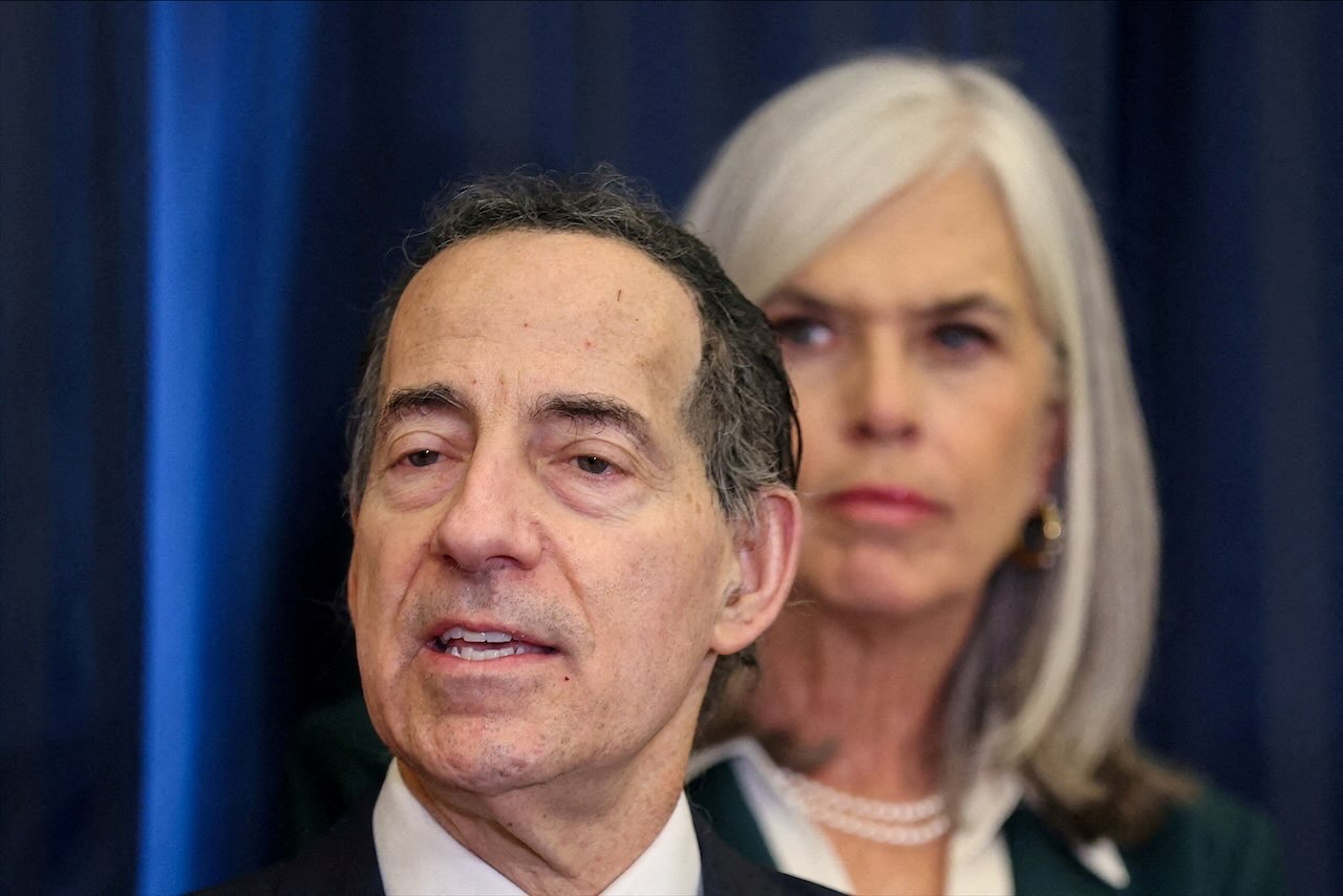 House Judiciary Committee Ranking Member Jamie Raskin (D-MD) speaks in front of US Minority Whip Rep. Katherine Clark (D-MA) on February 24, 2026. (Reuters/File)