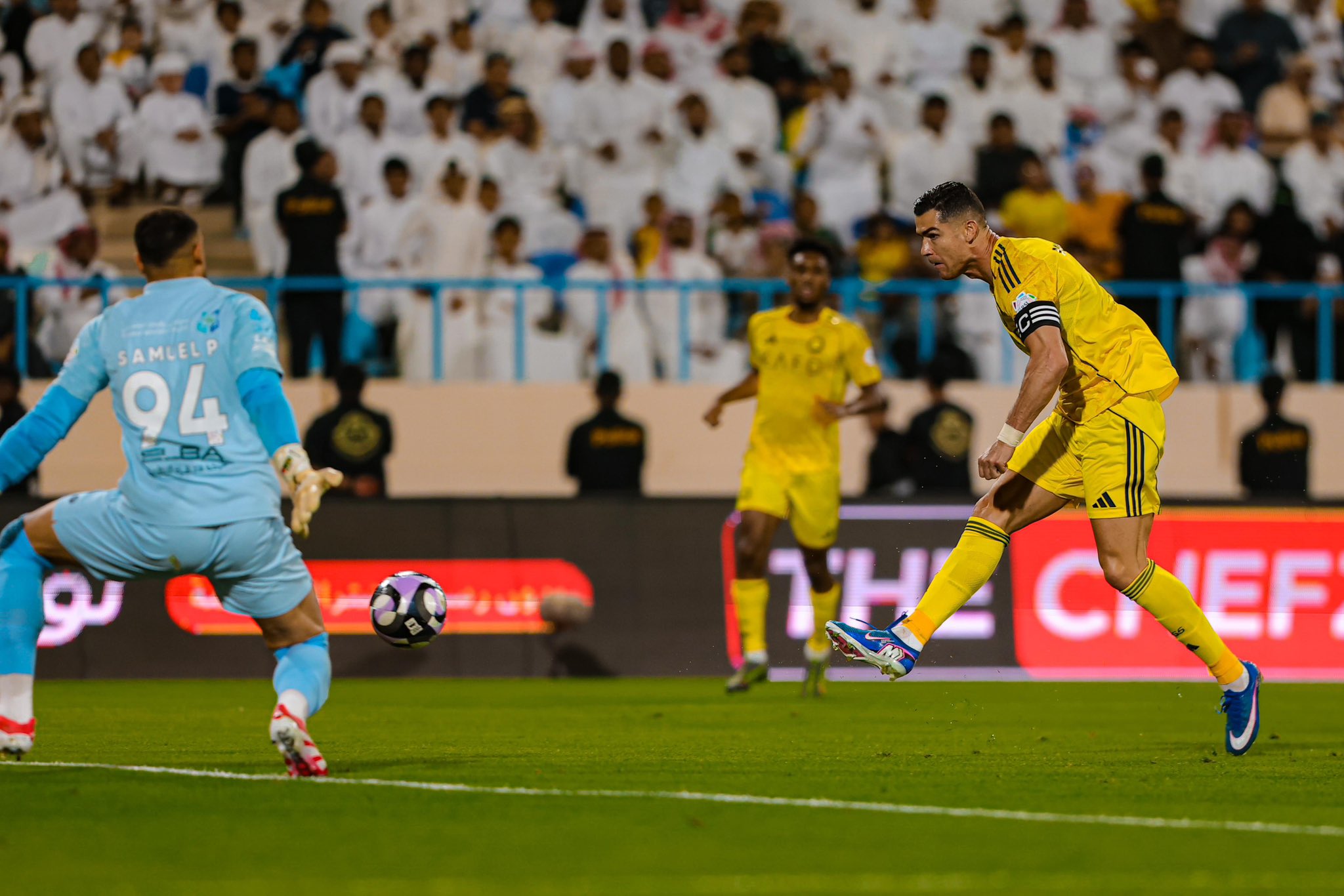 Cristiano Ronaldo scored his 24th league goal of the season as Al-Nassr eased to a 2-0 win over Al-Okhdood, restoring their five-point lead at the top of the Saudi Pro League. (X/@AlNassrFC_EN)
