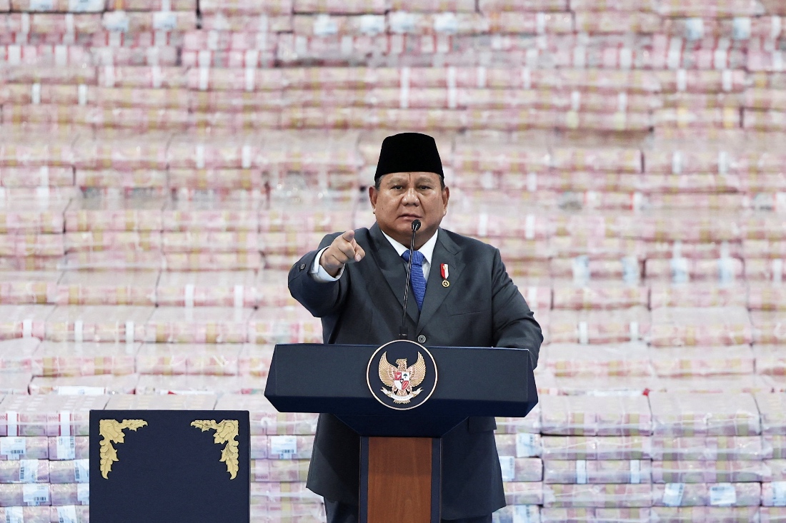 Indonesian President Prabowo Subianto speaks at a ceremony marking the work of his forestry task force in Jakarta, Indonesia. (Reuters)