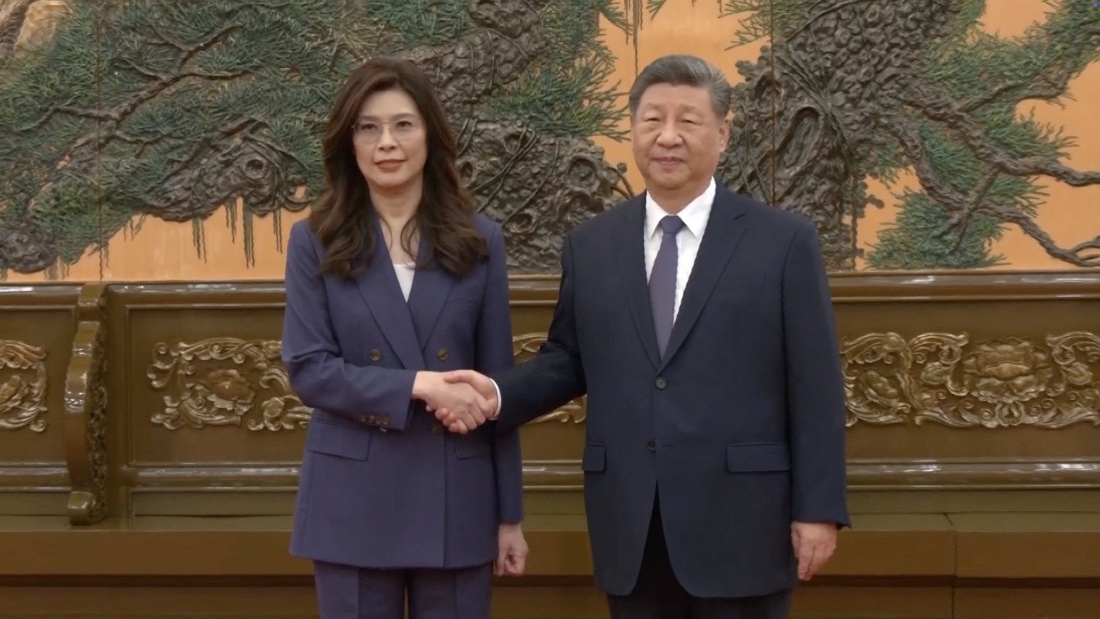 Cheng Li-wun, chairperson of the Kuomintang (KMT), shakes hands with Chinese President Xi Jinping at the Great Hall of the People in Beijing, China. (Reuters)