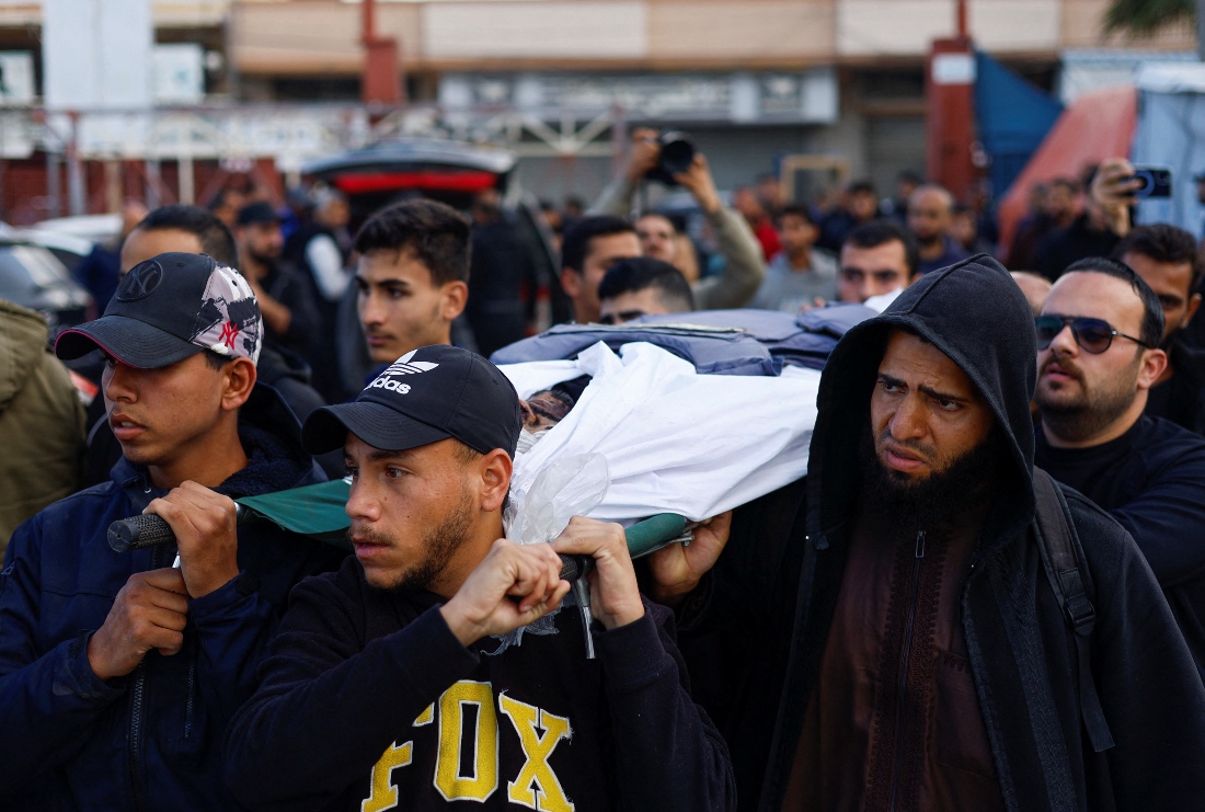 Funeral of Palestinians who were killed in an Israeli strike, according to medics, at Al-Aqsa Martyrs Hospital in Deir al-Balah, Palestinian Territories. (Reuters)