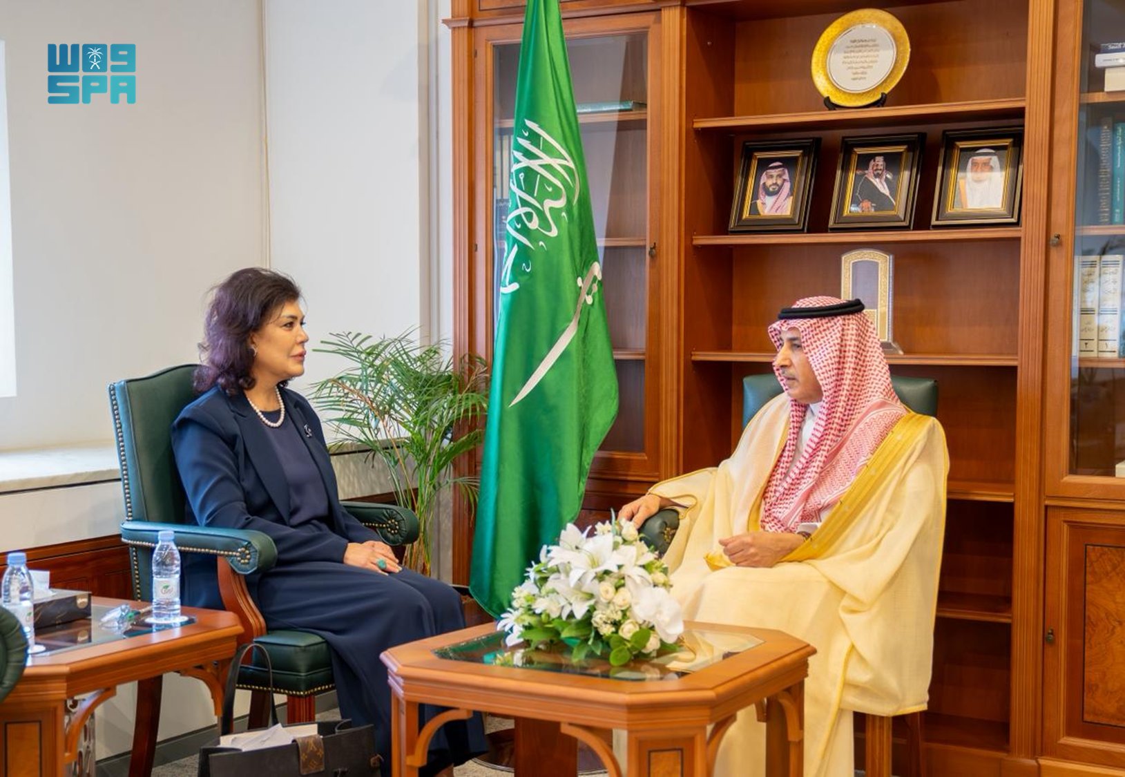 Deputy Minister for Political Affairs Saud Al-Sati hands over the protest memorandum to Iraq’s ambassador to the Kingdom Safia Taleb Al-Suhail on Sunday. (SPA)