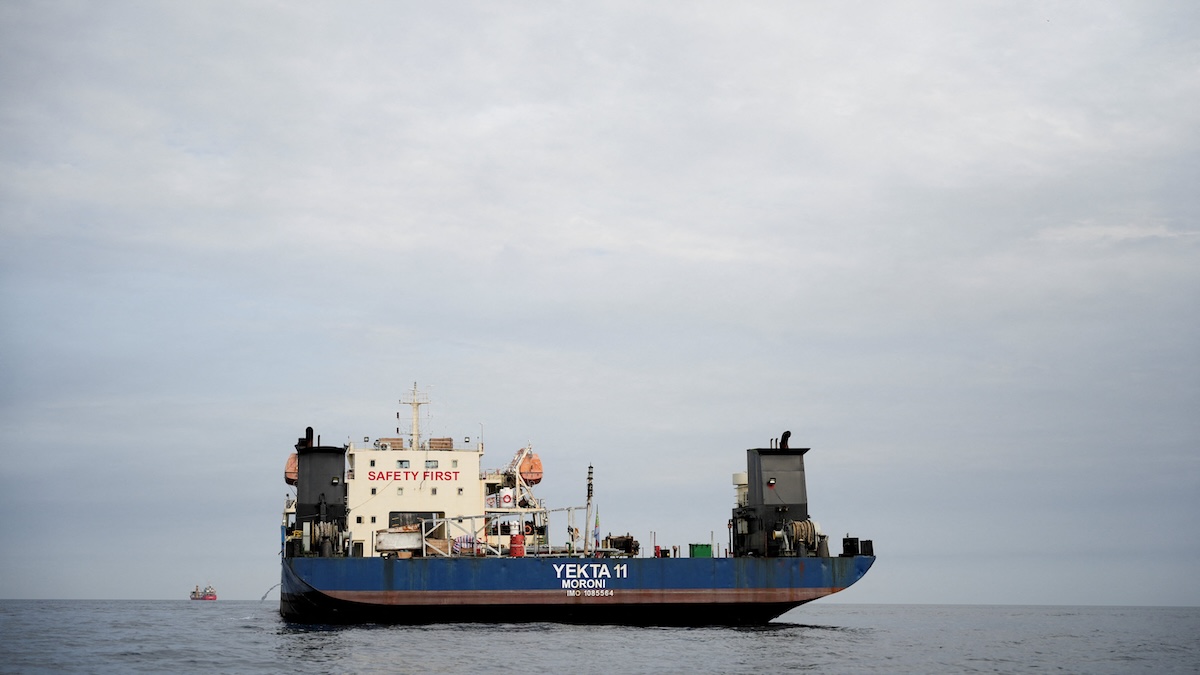 Above, a vessel at the Strait of Hormuz, off the coast of Oman’s Musandam province on April 12, 2026. (Reuters)